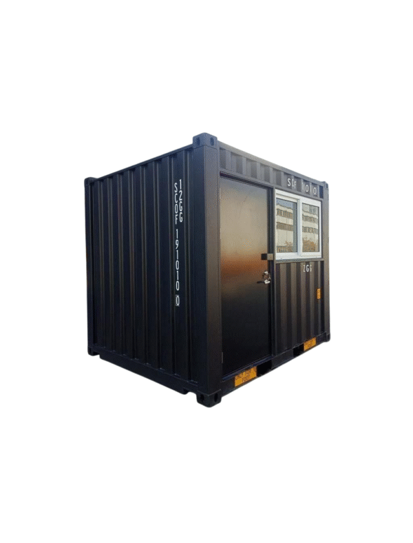 Conteneur Bureau 10 Pieds avec porte sécurisée et fenêtres double vitrage, espace de travail mobile et modulable.
