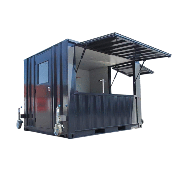 Conteneur portable de 10 pieds équipé – bureau mobile aménagé avec isolation, fenêtres et installation électrique, idéal pour chantier ou bureau temporaire.